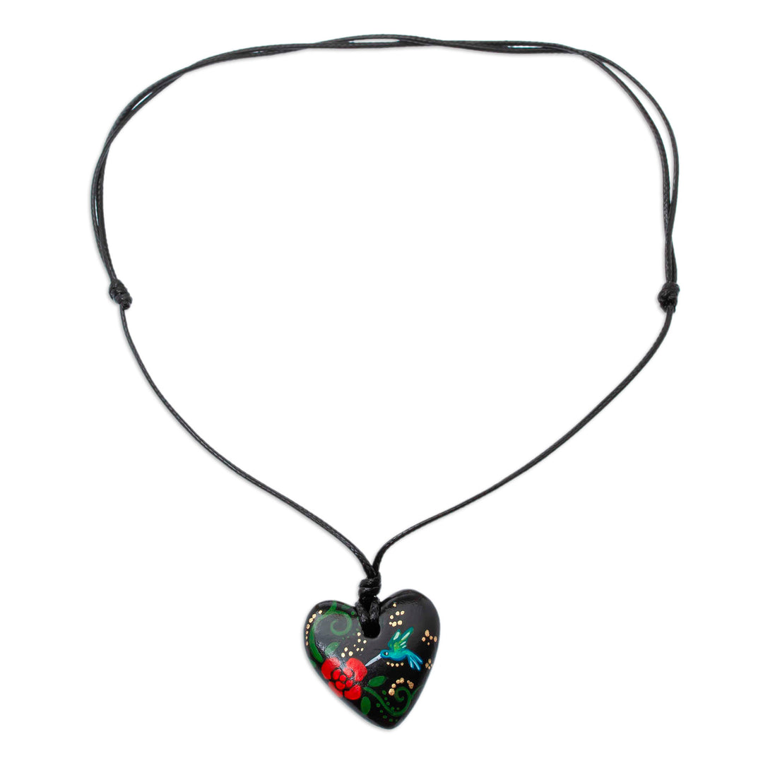 Hand Painted Heart Shaped Hummingbird Pendant Necklace - Night Hummingbird Heart