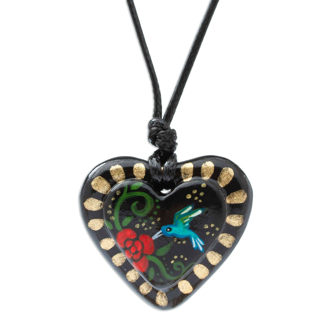 Hand Painted Heart Shaped Hummingbird Pendant Necklace - Golden Night Hummingbird