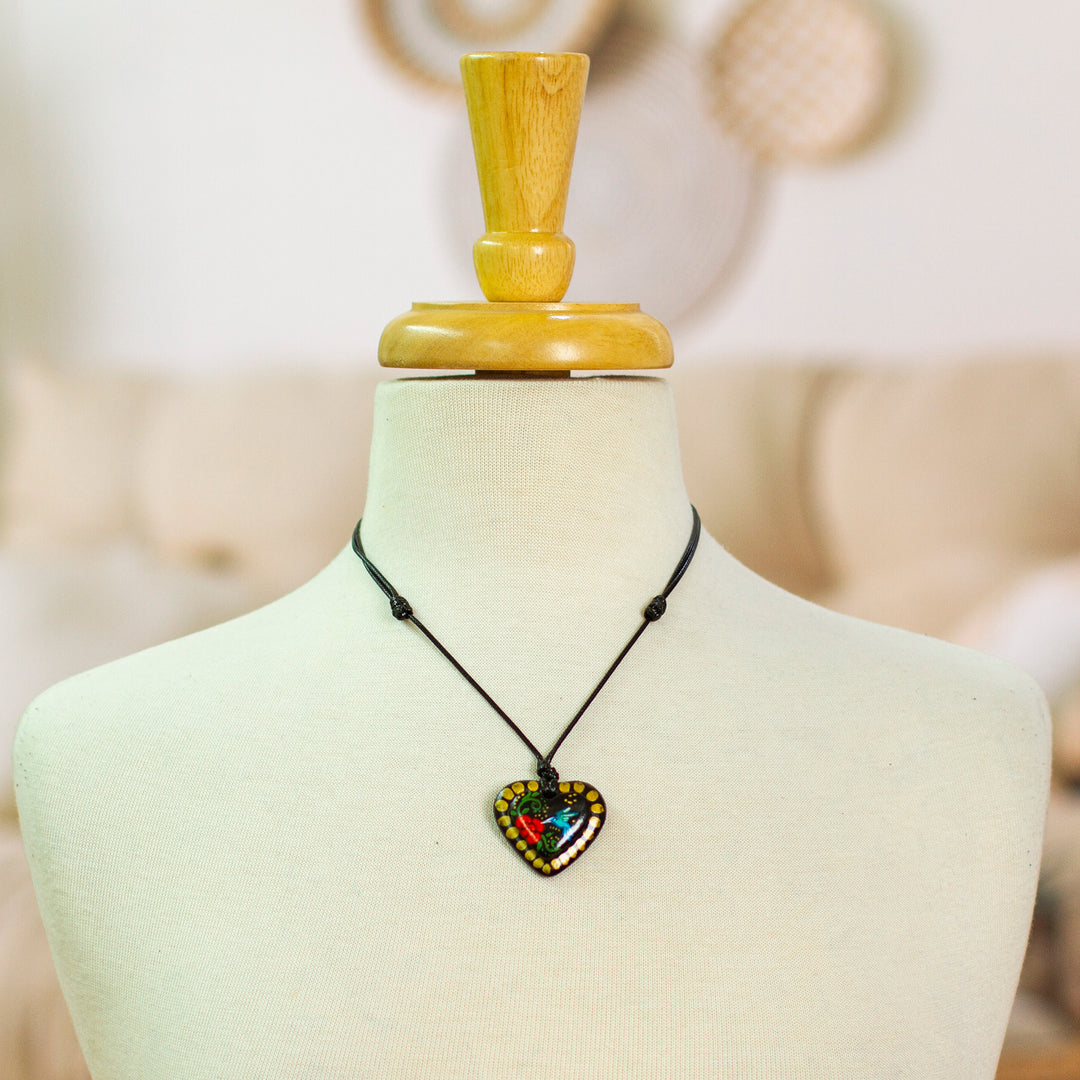 Hand Painted Heart Shaped Hummingbird Pendant Necklace - Golden Night Hummingbird