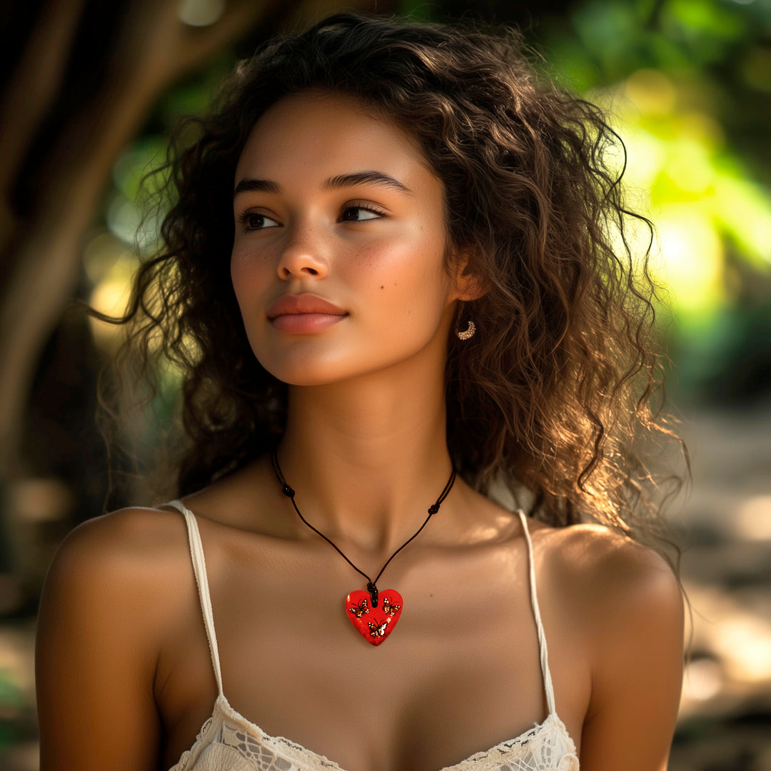 Hand Painted Heart Shaped Monarch Pendant Necklace - Monarchs on Red