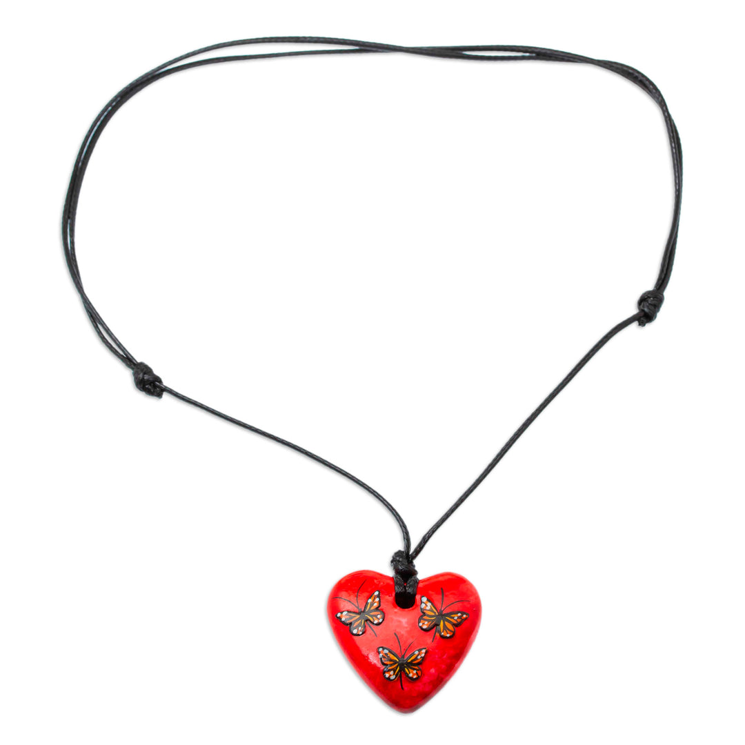 Hand Painted Heart Shaped Monarch Pendant Necklace - Monarchs on Red