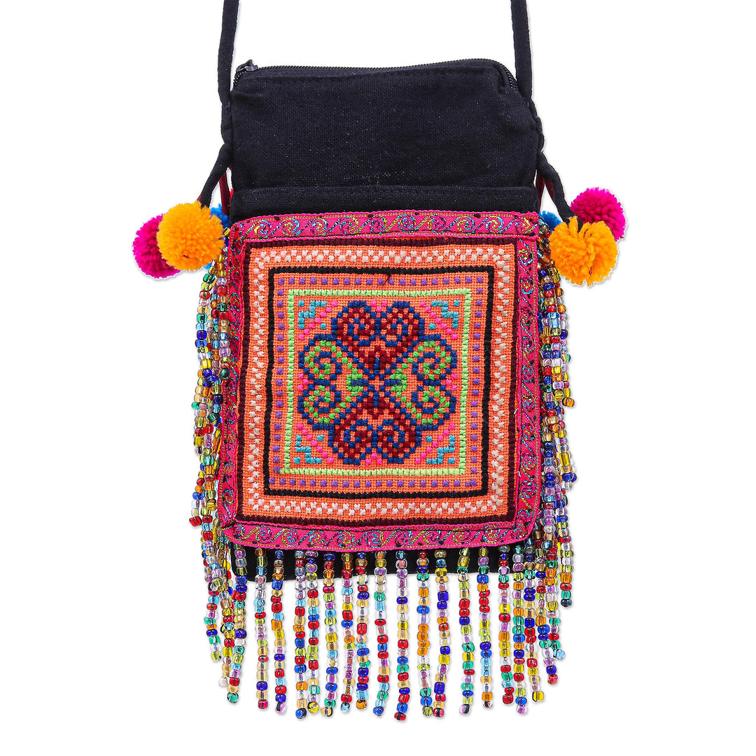 Hmong Cross-Stitch Sling Bag with Beaded Fringe - Petite Hmong