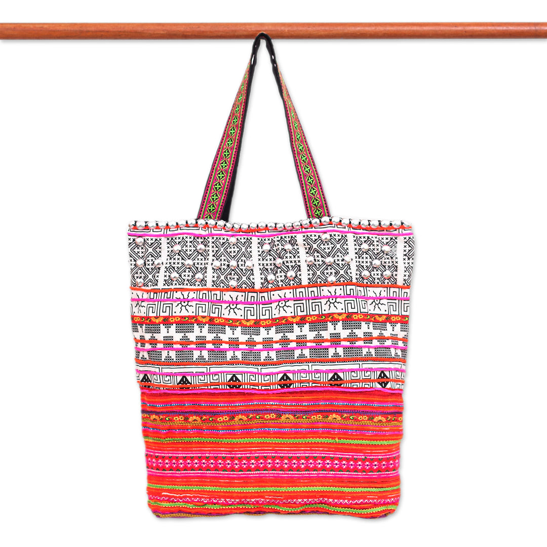 Hmong Cross-Stitch Cotton-Blend Tote Bag - Pink Vacation