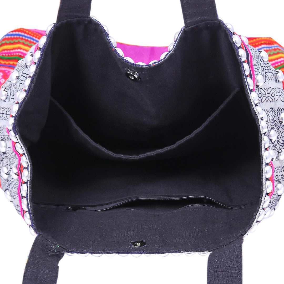 Hmong Cross-Stitch Cotton-Blend Tote Bag - Pink Vacation