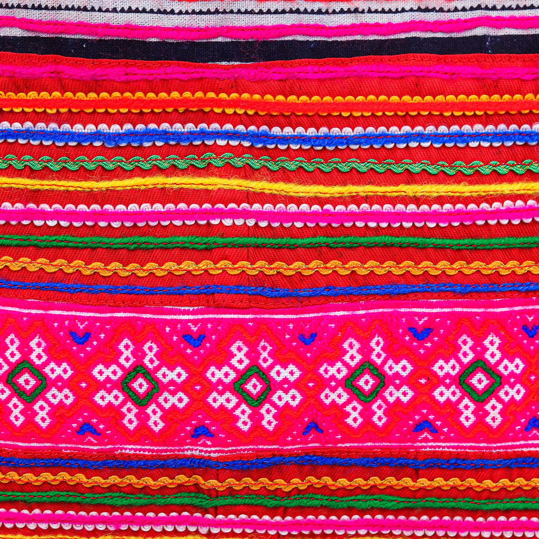 Hmong Cross-Stitch Cotton-Blend Tote Bag - Pink Vacation