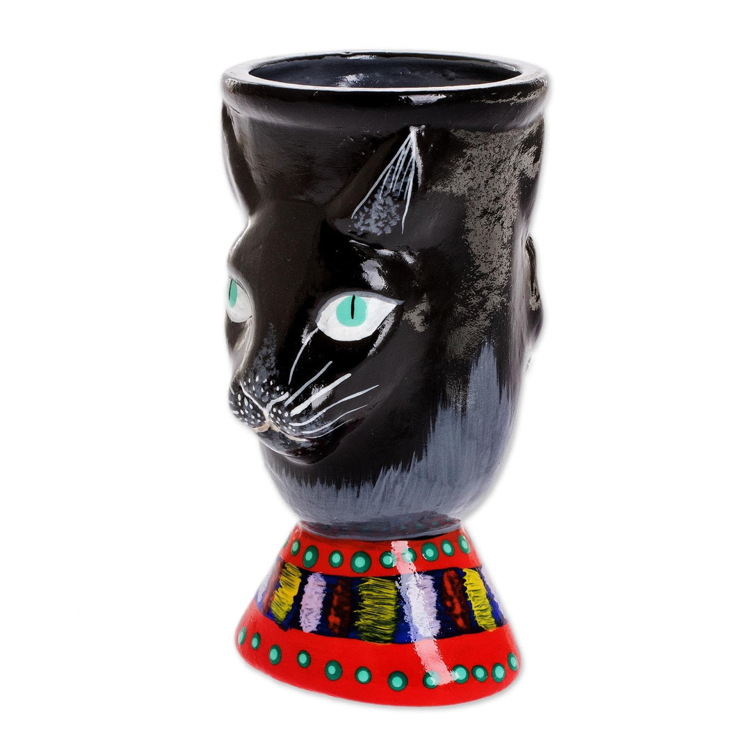 Hand-Painted Ceramic Flower Pot - Top Cat in Black