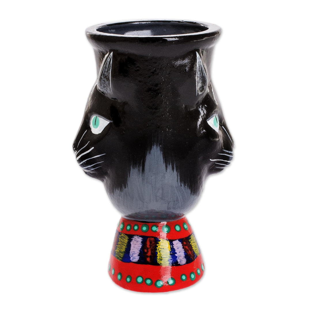 Hand-Painted Ceramic Flower Pot - Top Cat in Black