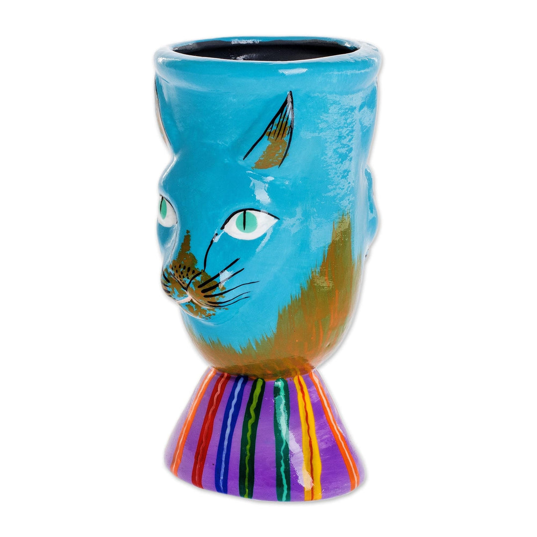 Small Handcrafted Ceramic Plant Pot - Top Cat in Turquoise