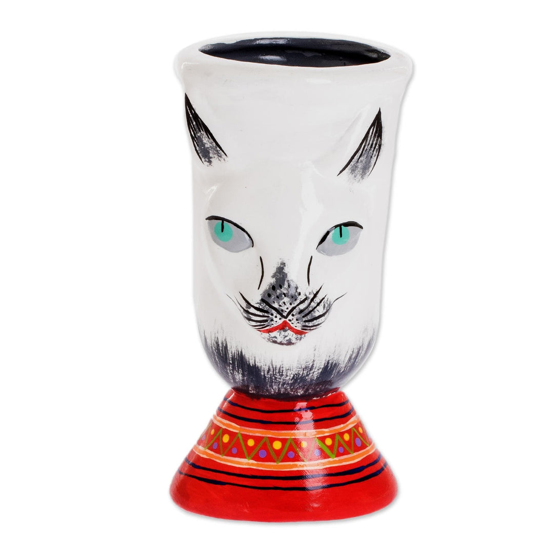 Guatemalan Ceramic Flower Pot - Top Cat in White