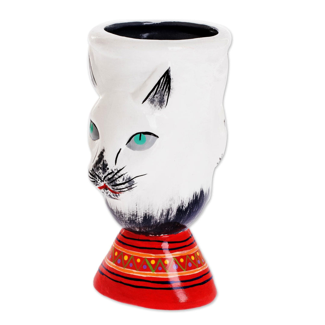 Guatemalan Ceramic Flower Pot - Top Cat in White