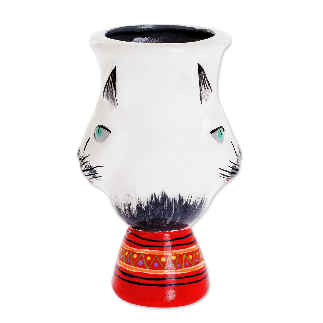 Guatemalan Ceramic Flower Pot - Top Cat in White