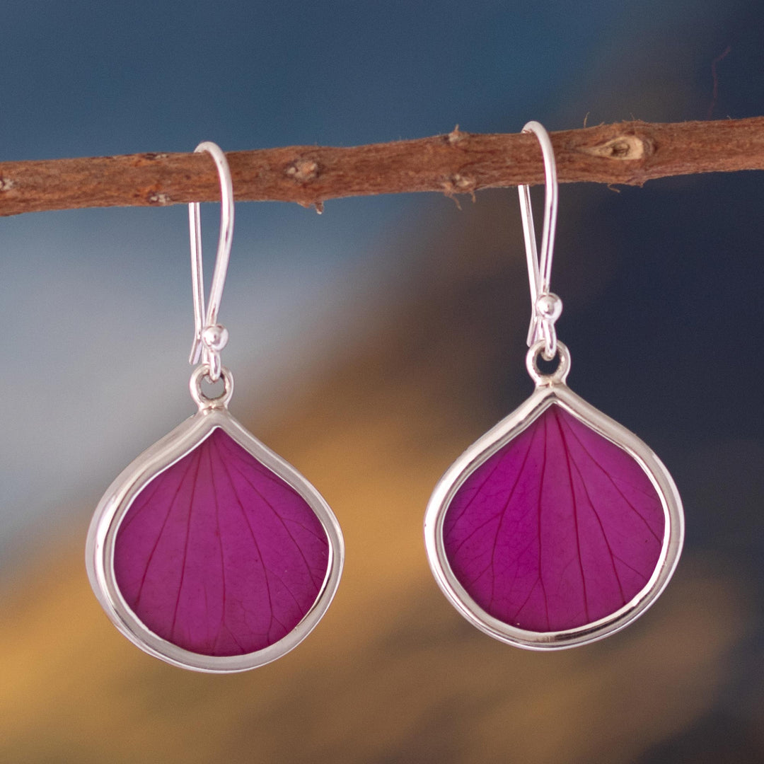 Sterling Silver and Fuchsia Leaf Dangle Earrings from Peru - Fuchsia Hydrangea