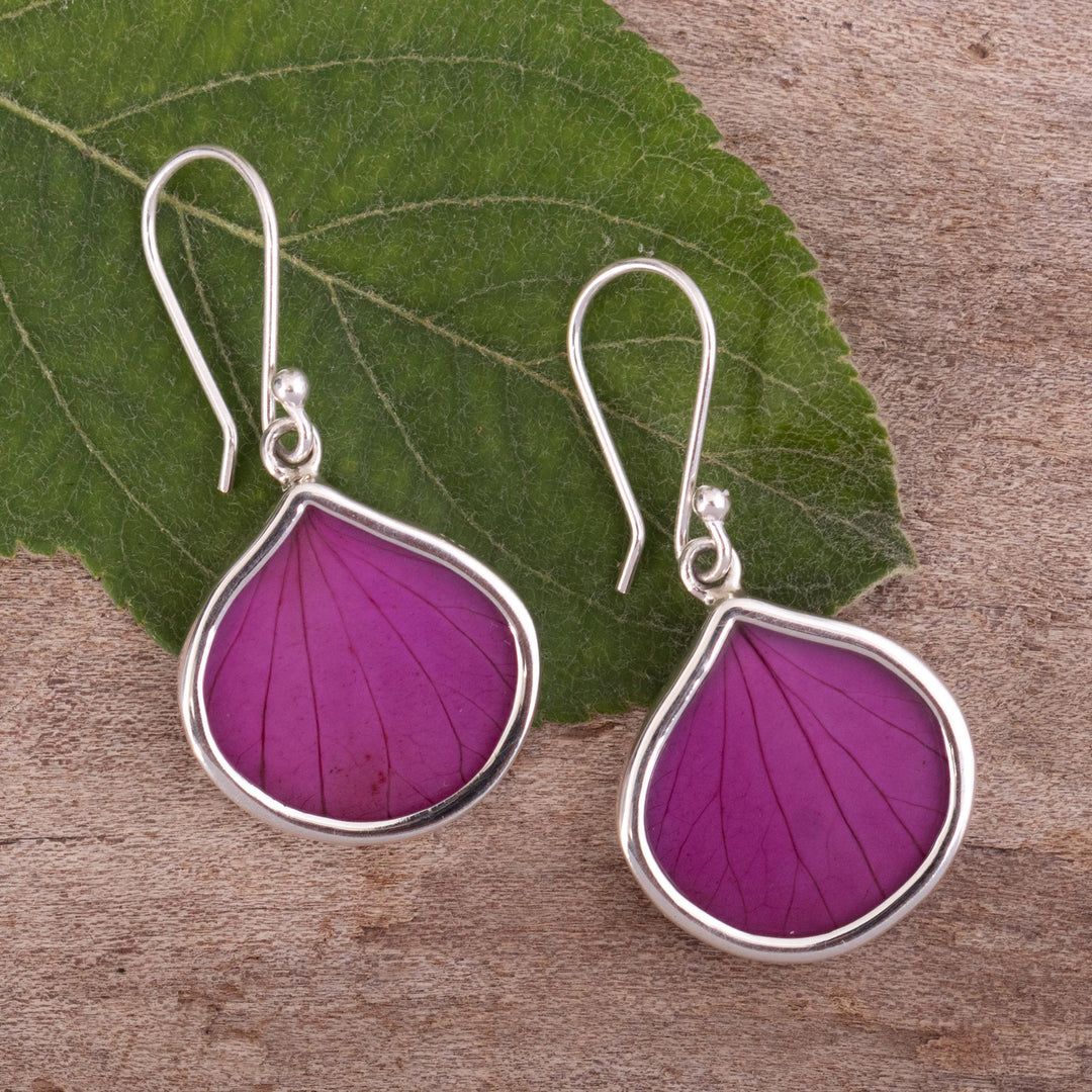 Sterling Silver and Fuchsia Leaf Dangle Earrings from Peru - Fuchsia Hydrangea