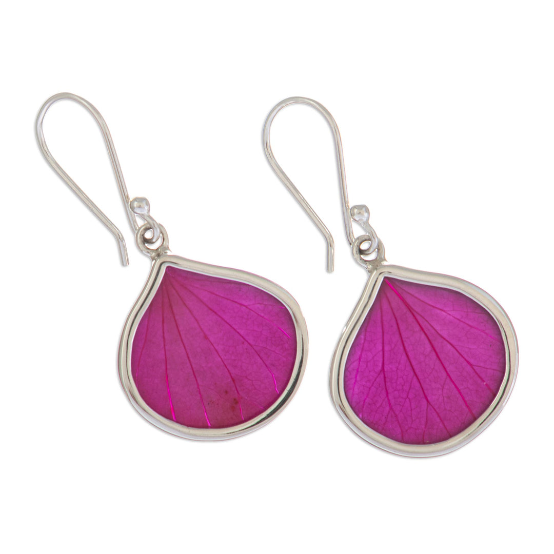 Sterling Silver and Fuchsia Leaf Dangle Earrings from Peru - Fuchsia Hydrangea