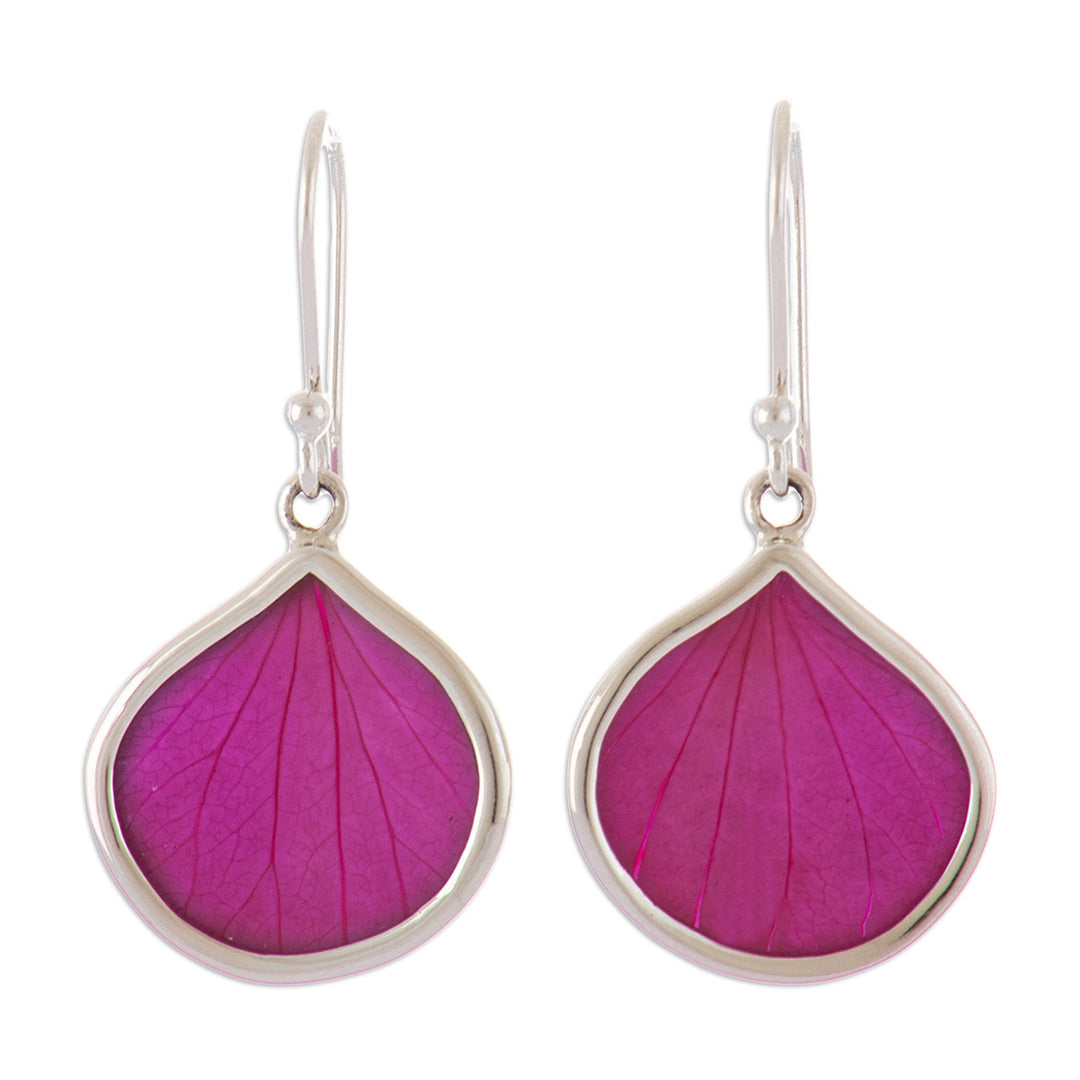 Sterling Silver and Fuchsia Leaf Dangle Earrings from Peru - Fuchsia Hydrangea