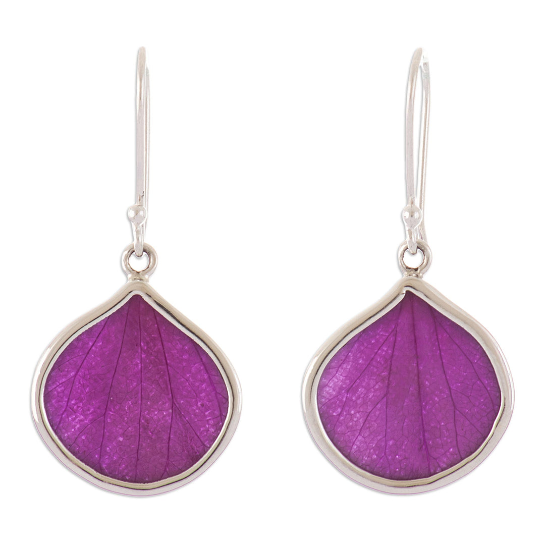 Sterling Silver and Purple Leaf Dangle Earrings from Peru - Plum Hydrangea