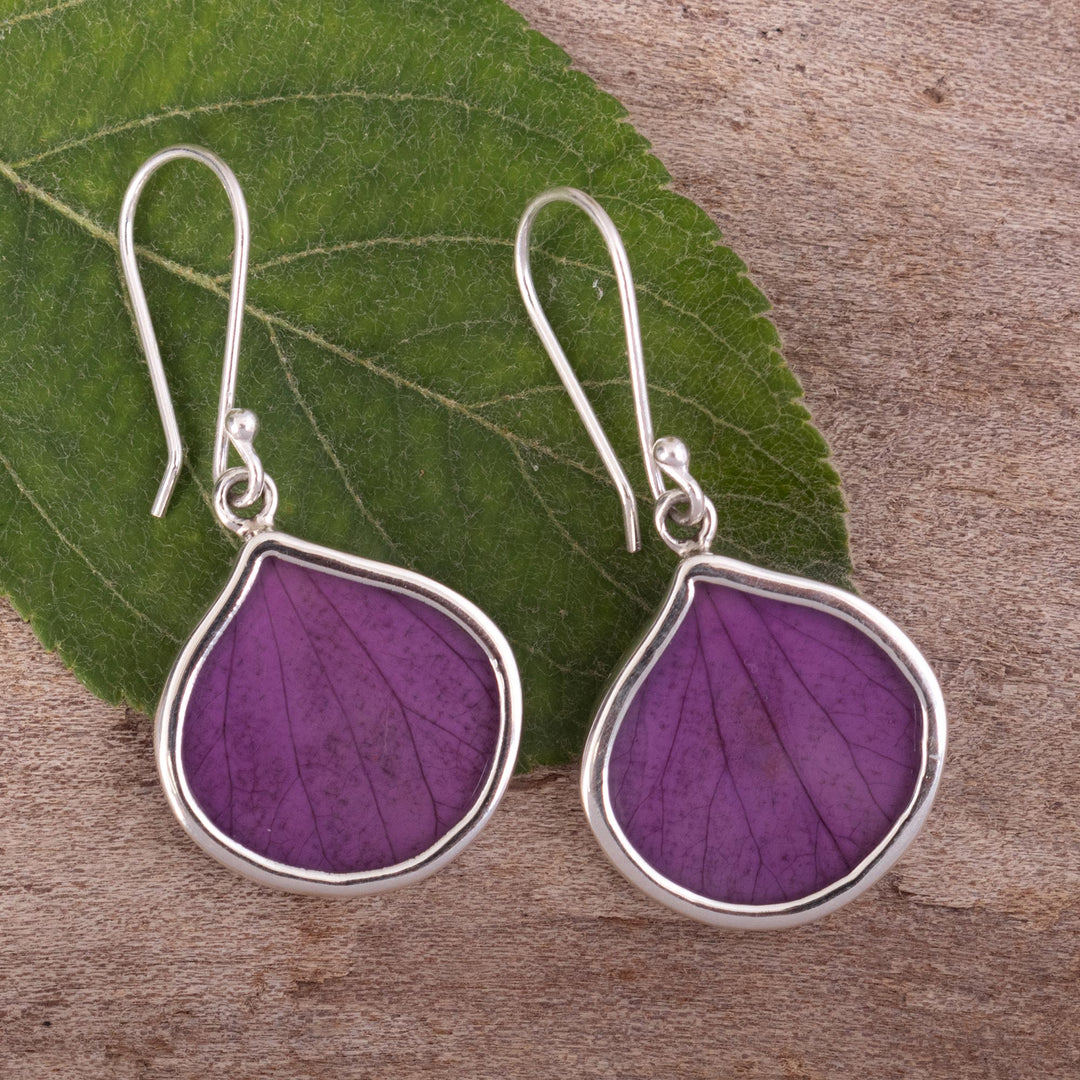 Sterling Silver and Purple Leaf Dangle Earrings from Peru - Plum Hydrangea