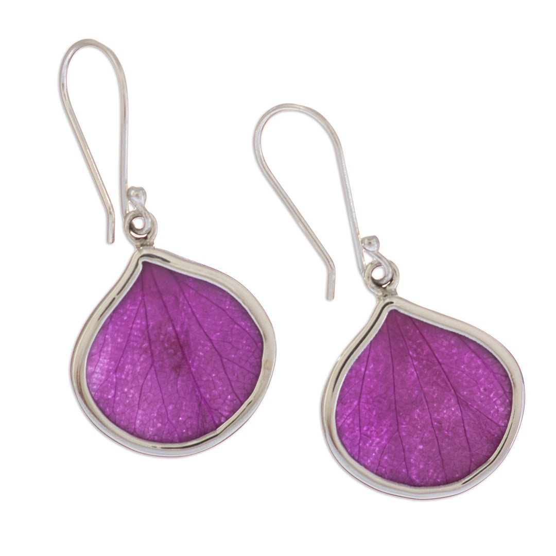 Sterling Silver and Purple Leaf Dangle Earrings from Peru - Plum Hydrangea