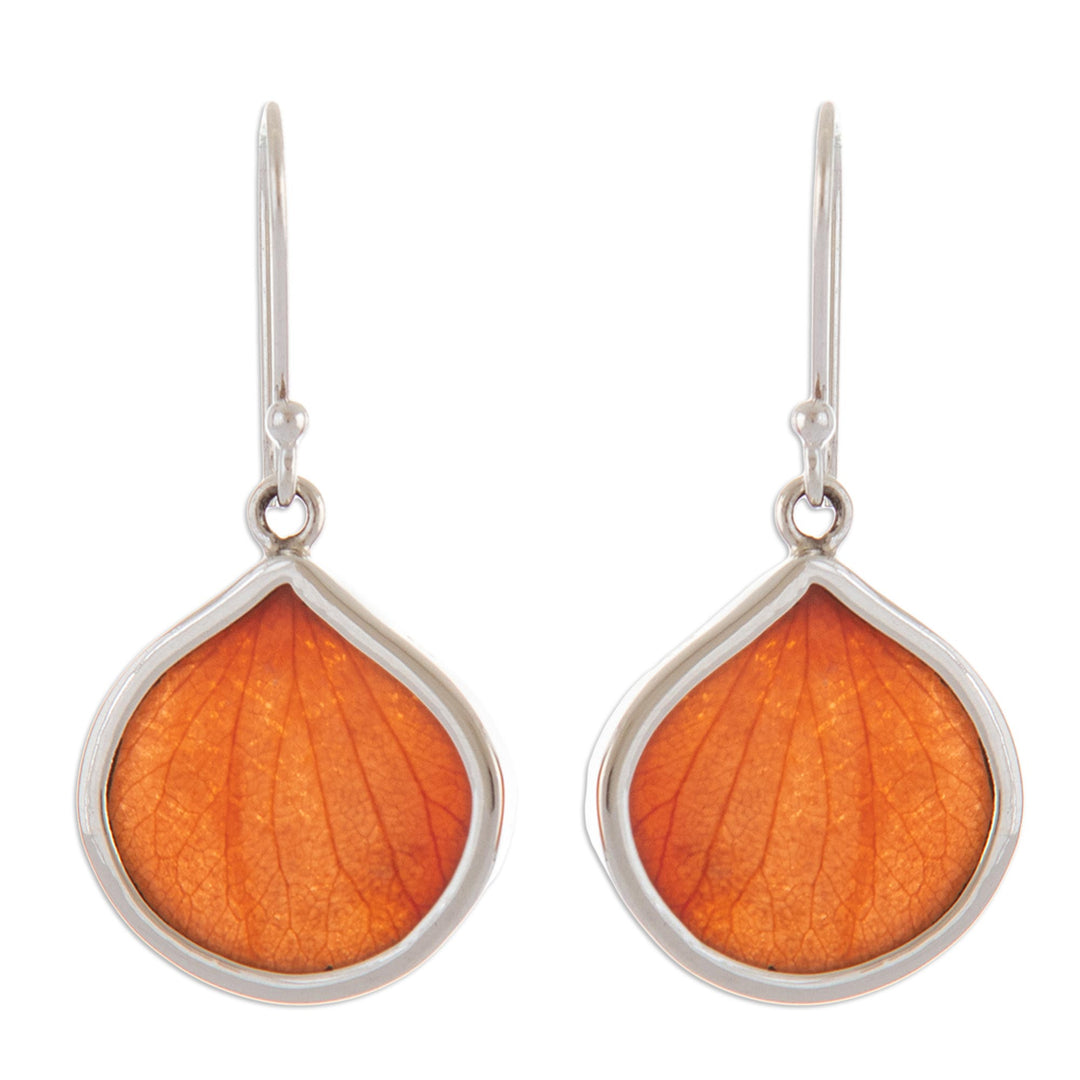 Sterling Silver and Orange Leaf Dangle Earrings from Peru - Orange Hydrangea