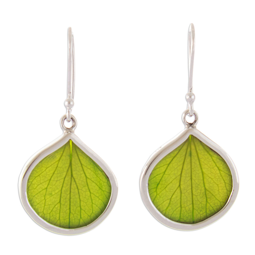 Sterling Silver and Green Leaf Dangle Earrings from Peru - Spring Green Hydrangea