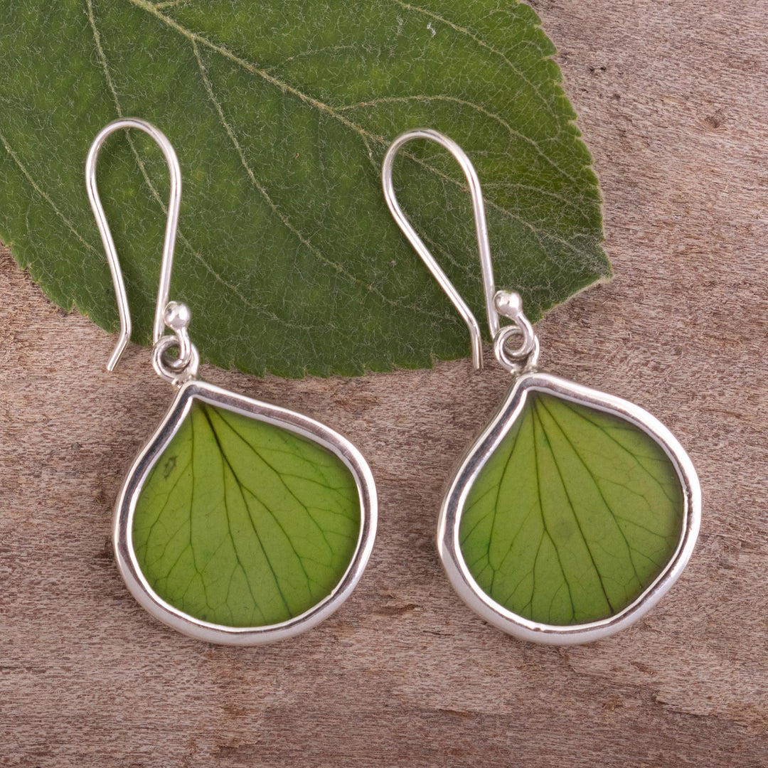 Sterling Silver and Green Leaf Dangle Earrings from Peru - Spring Green Hydrangea