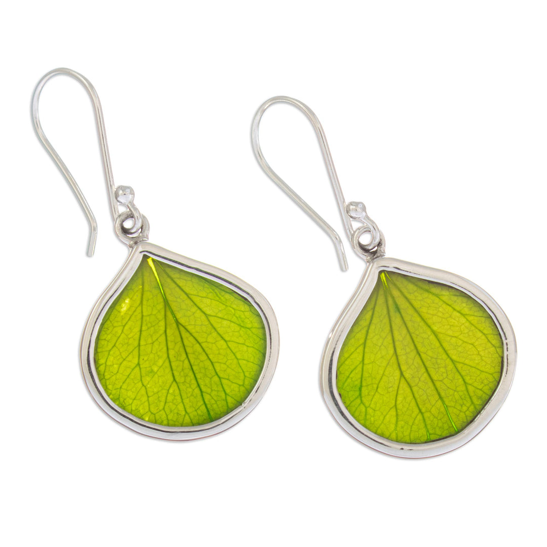 Sterling Silver and Green Leaf Dangle Earrings from Peru - Spring Green Hydrangea