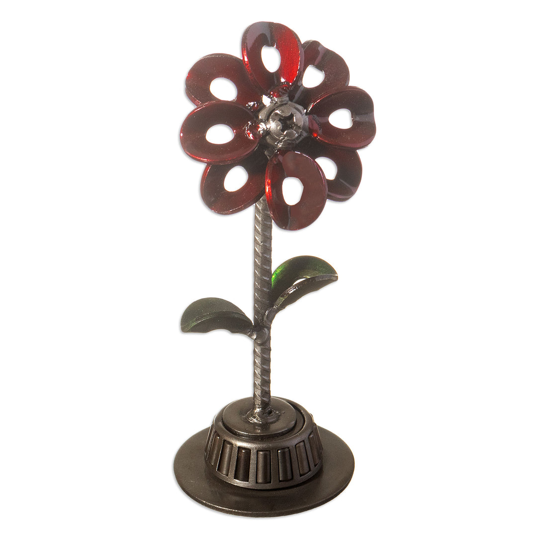 Recycled Metal Flower Sculpture with Red Petals - Mechanical Flower