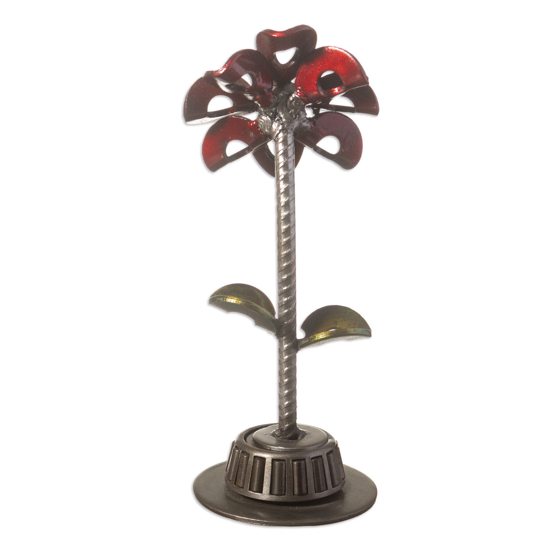 Recycled Metal Flower Sculpture with Red Petals - Mechanical Flower