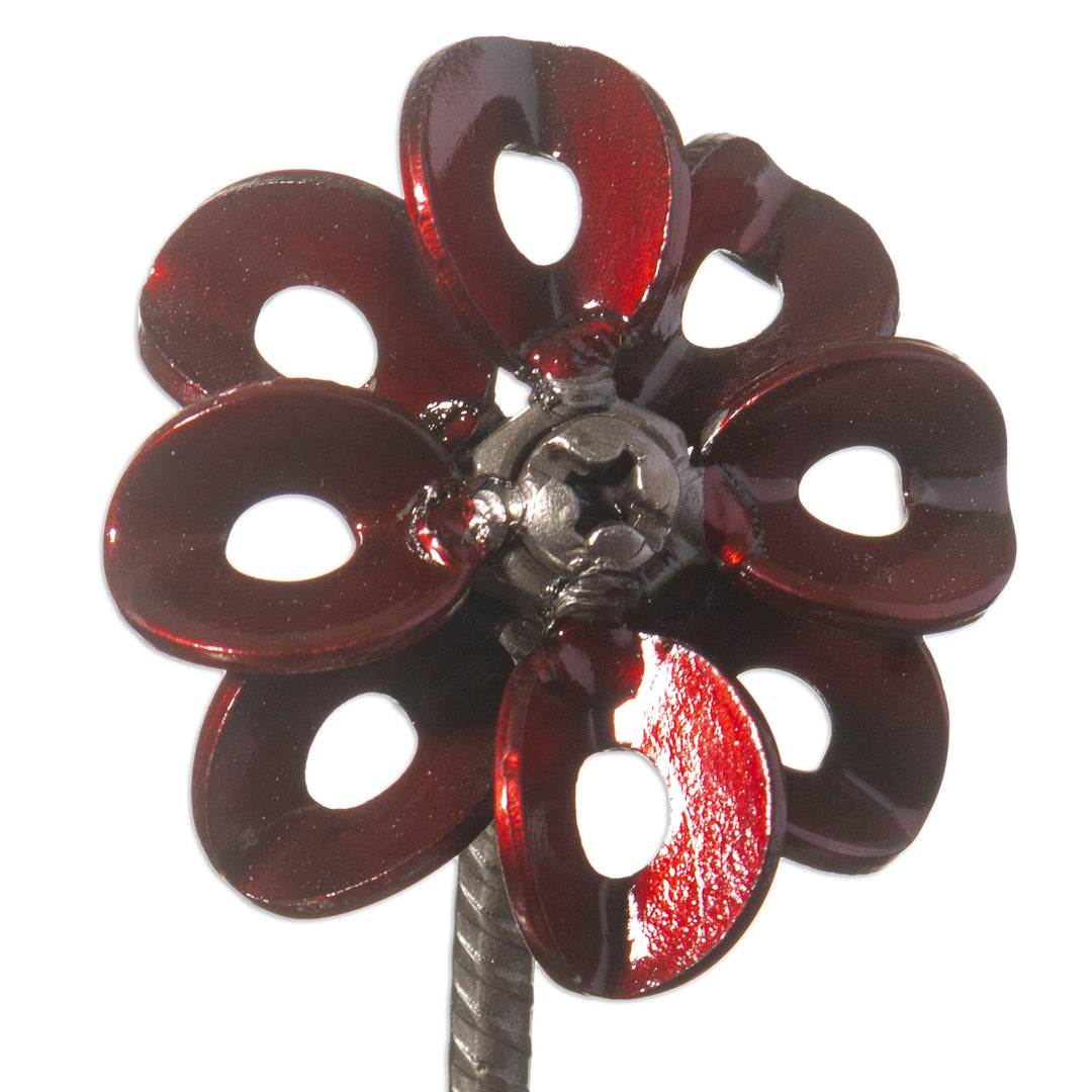 Recycled Metal Flower Sculpture with Red Petals - Mechanical Flower