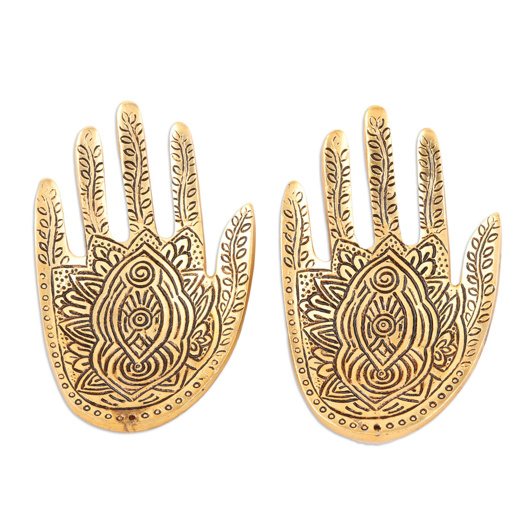 Hand-Shaped Aluminum Incense Holders (Pair) - Golden Hamsa