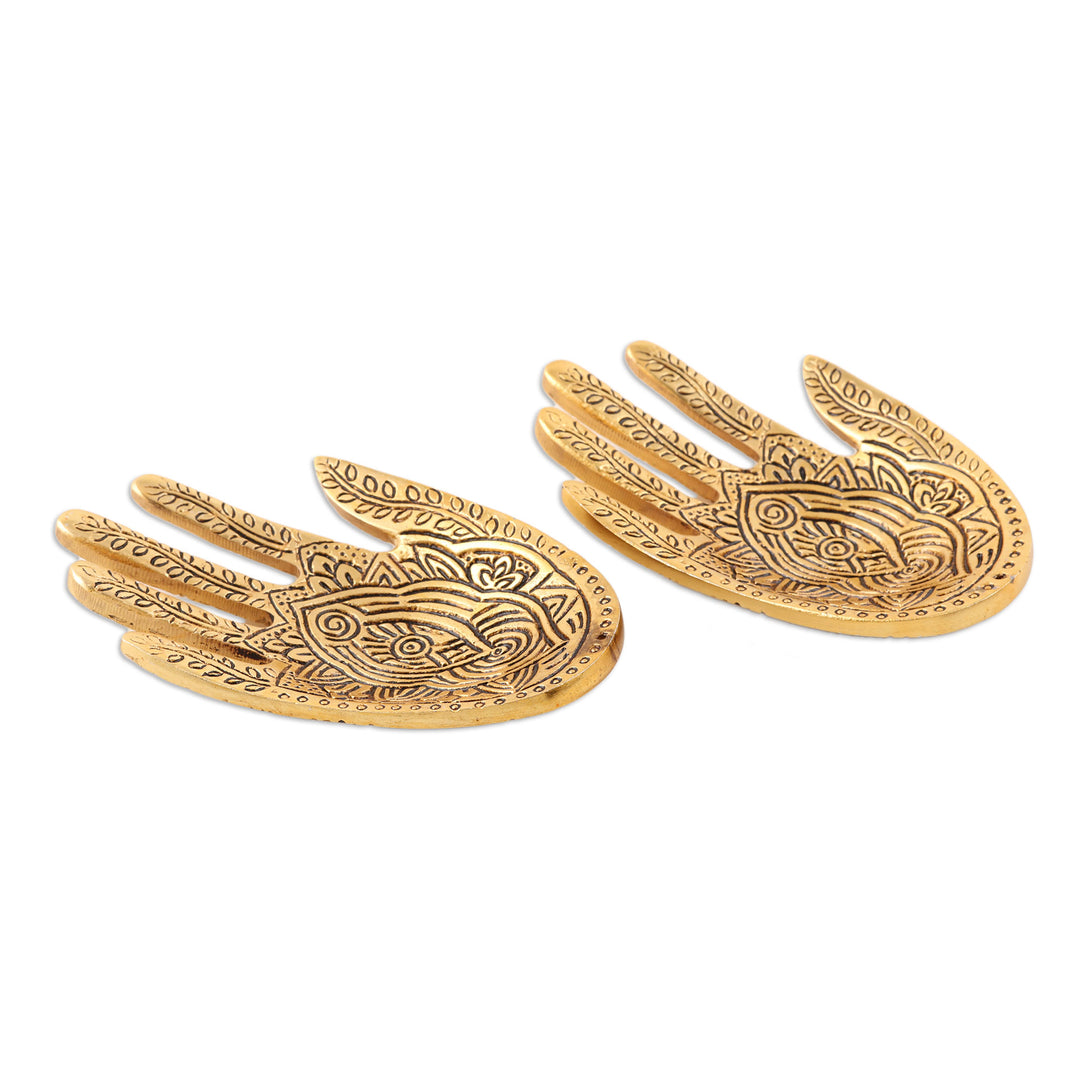 Hand-Shaped Aluminum Incense Holders (Pair) - Golden Hamsa