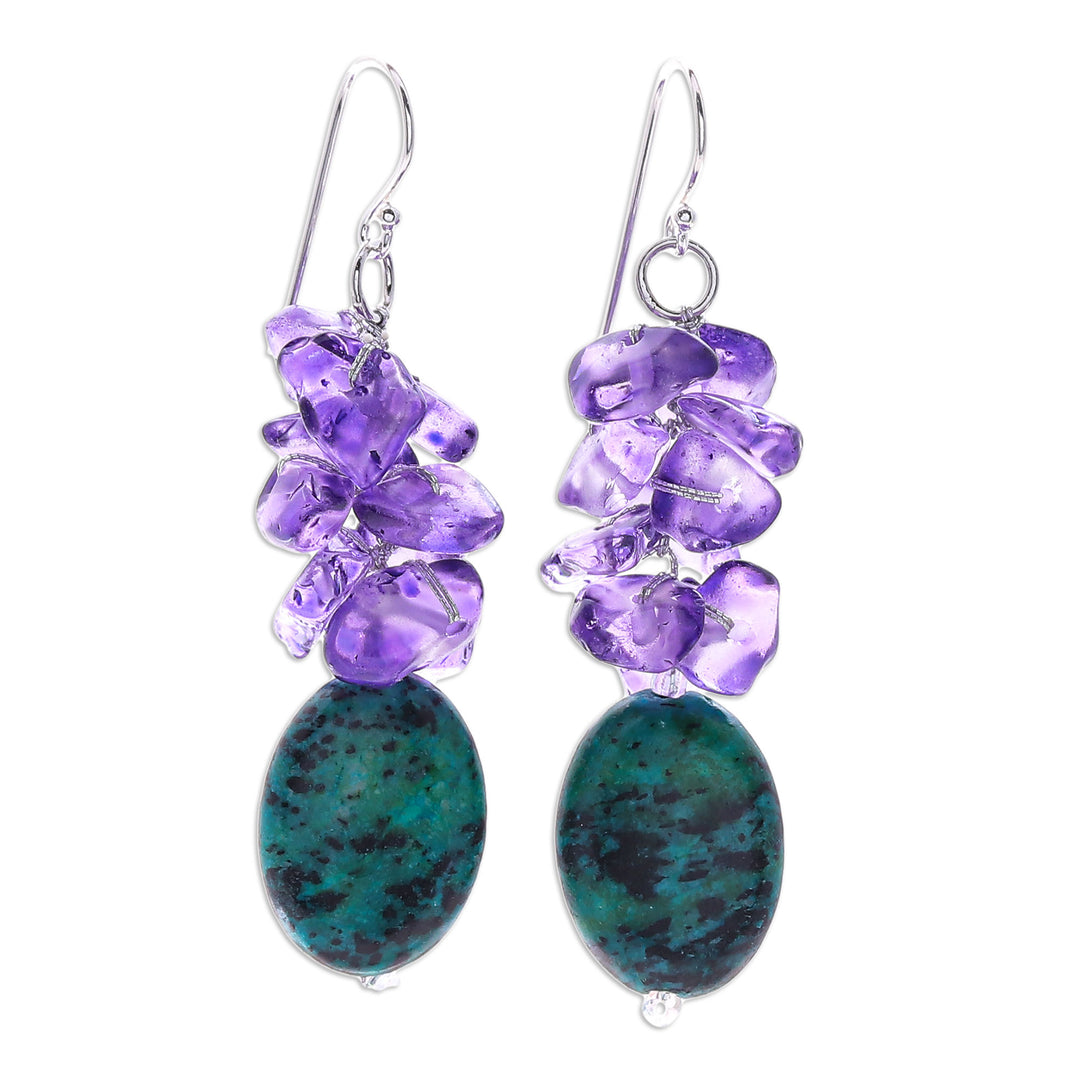 Serpentine and Purple Glass Bead Dangle Earrings - Forest Glade