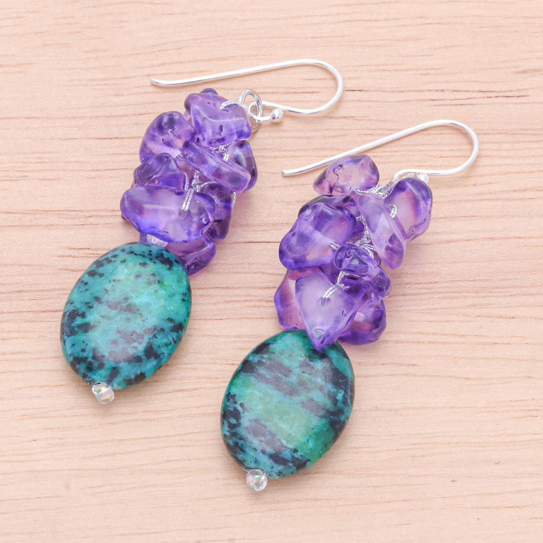 Serpentine and Purple Glass Bead Dangle Earrings - Forest Glade