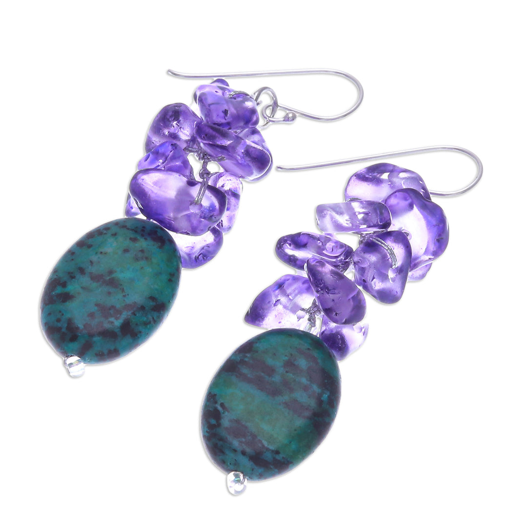 Serpentine and Purple Glass Bead Dangle Earrings - Forest Glade