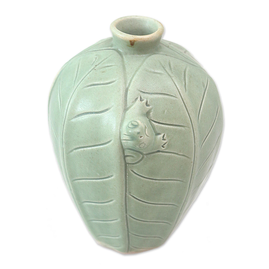 Handcrafted Ceramic Vase with Leaves and Frog - Frangipani Frog
