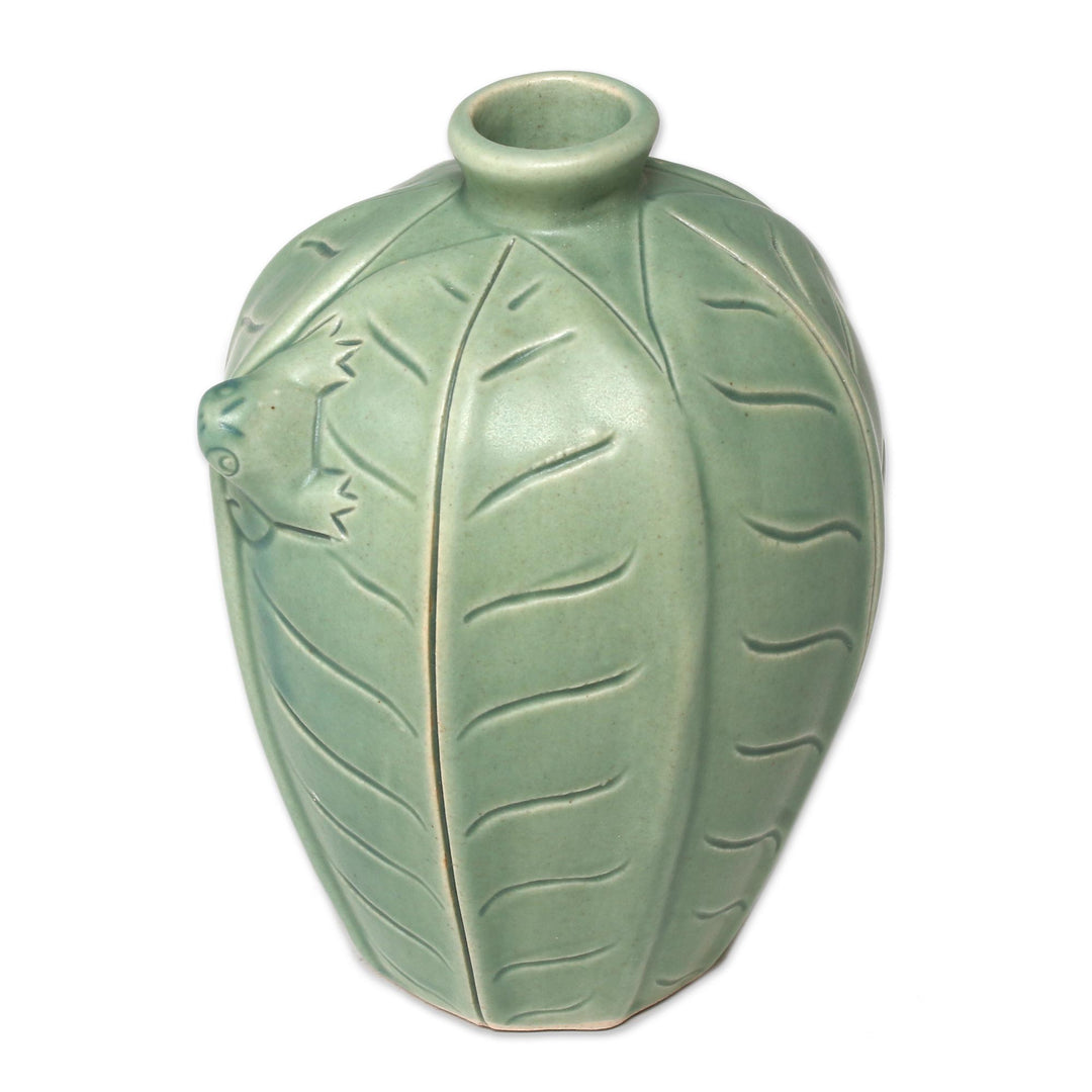 Handcrafted Ceramic Vase with Leaves and Frog - Frangipani Frog