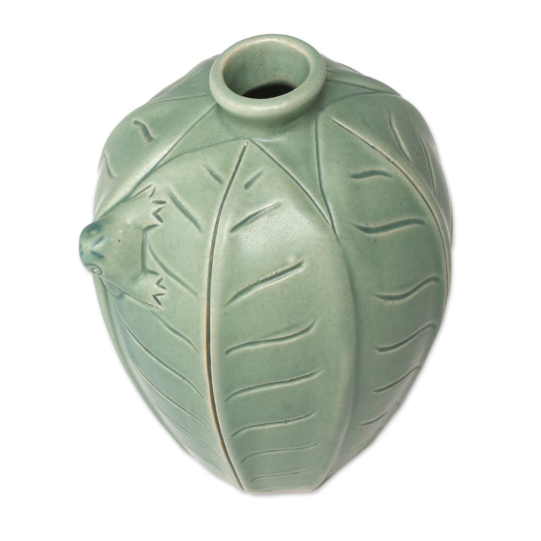 Handcrafted Ceramic Vase with Leaves and Frog - Frangipani Frog
