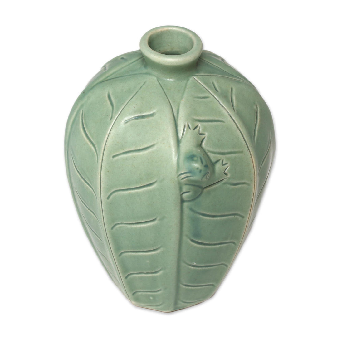 Handcrafted Ceramic Vase with Leaves and Frog - Frangipani Frog