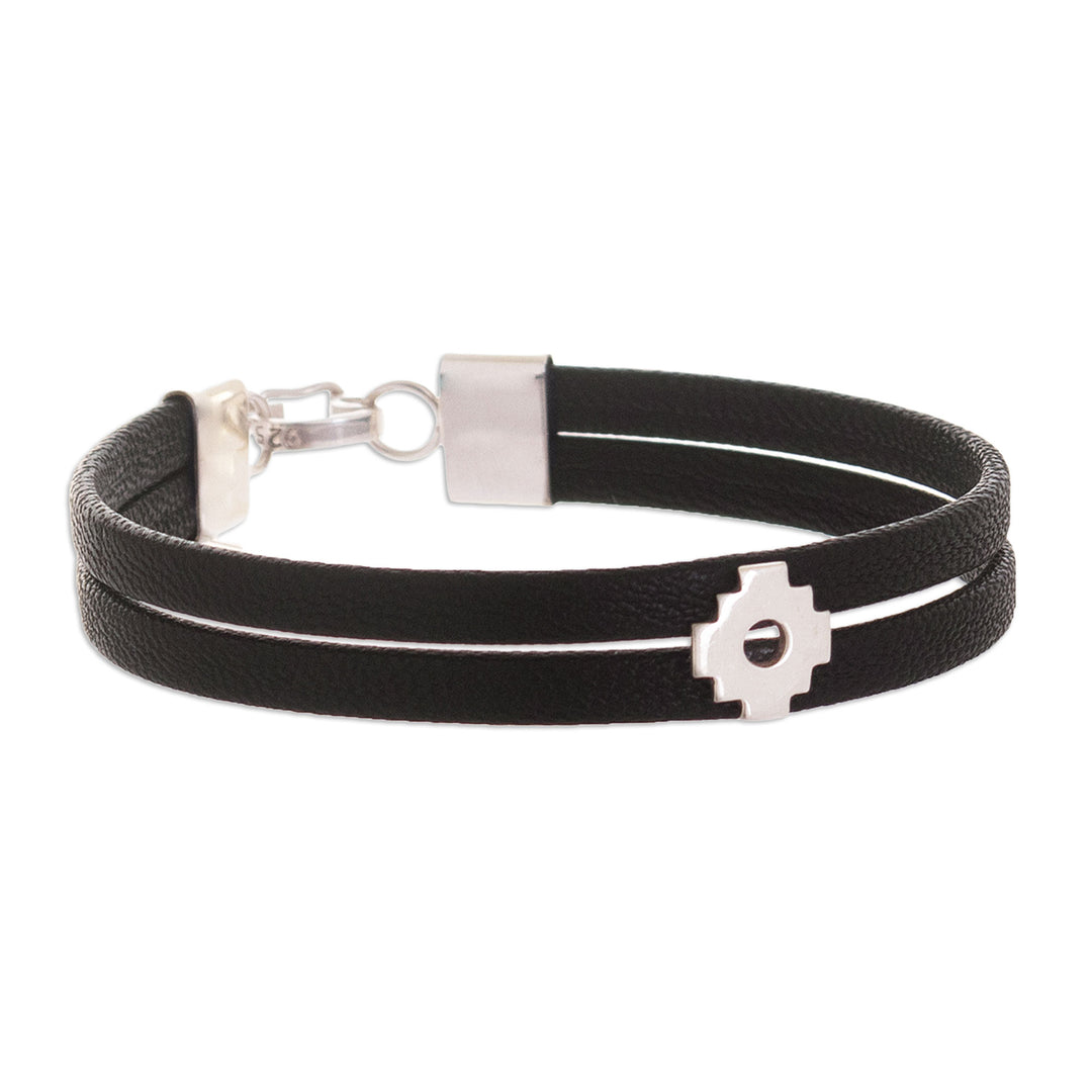 Black Faux Leather Chakana Bracelet with Sterling Silver - Chakana Southern Cross