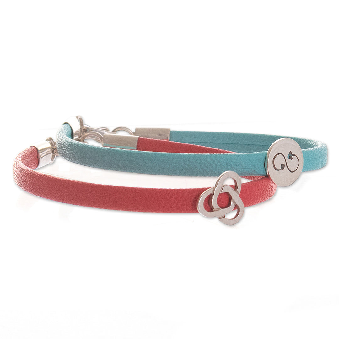 Red and Blue Wristband Bracelets with Sterling Silver (Pair) - Dual Alignment
