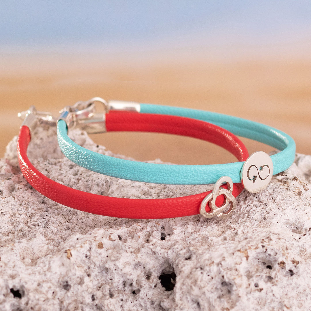 Red and Blue Wristband Bracelets with Sterling Silver (Pair) - Dual Alignment