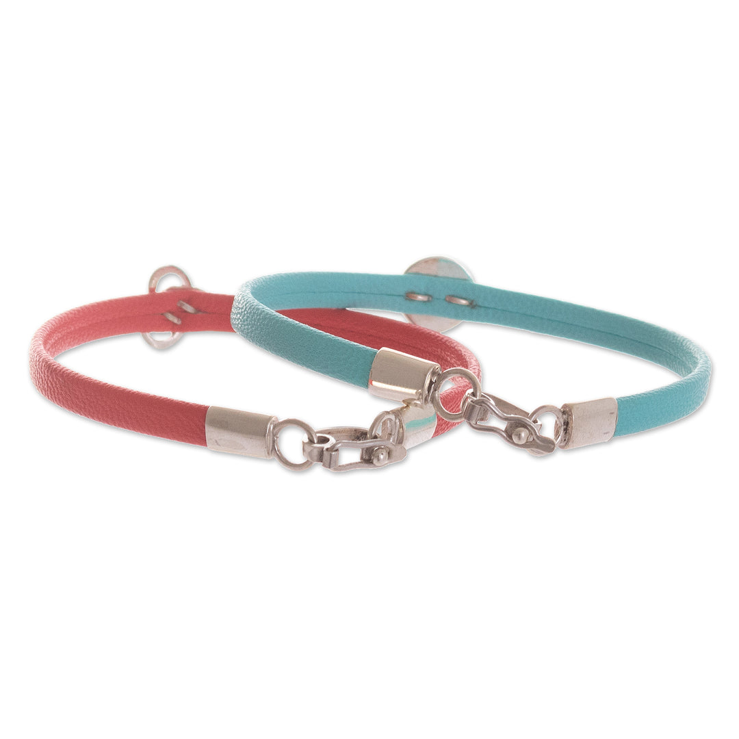 Red and Blue Wristband Bracelets with Sterling Silver (Pair) - Dual Alignment