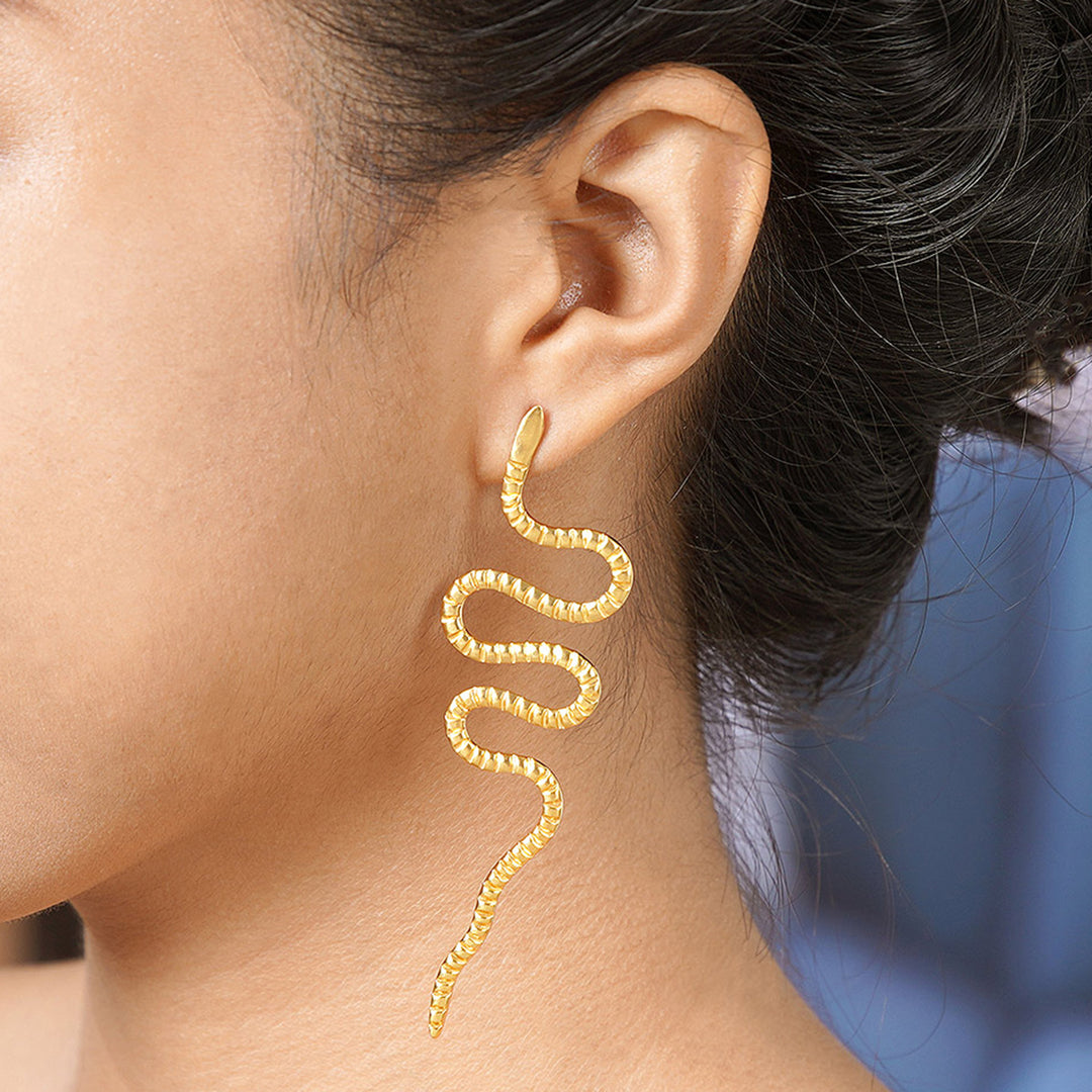 Handmade Gold-Plated Drop Earrings with Snake Motif - Rattlesnake Rumble