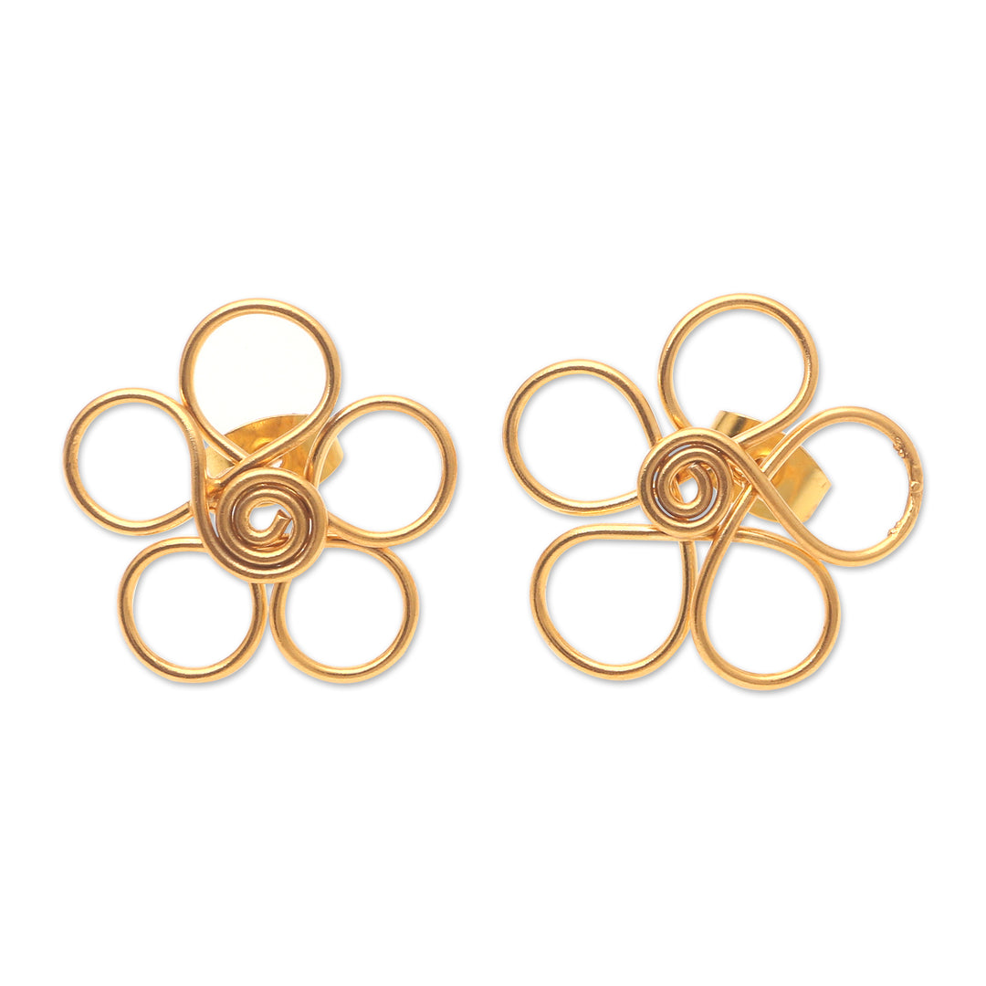 Gold-Plated Button Earrings with Floral Motif - Cheerful Flower