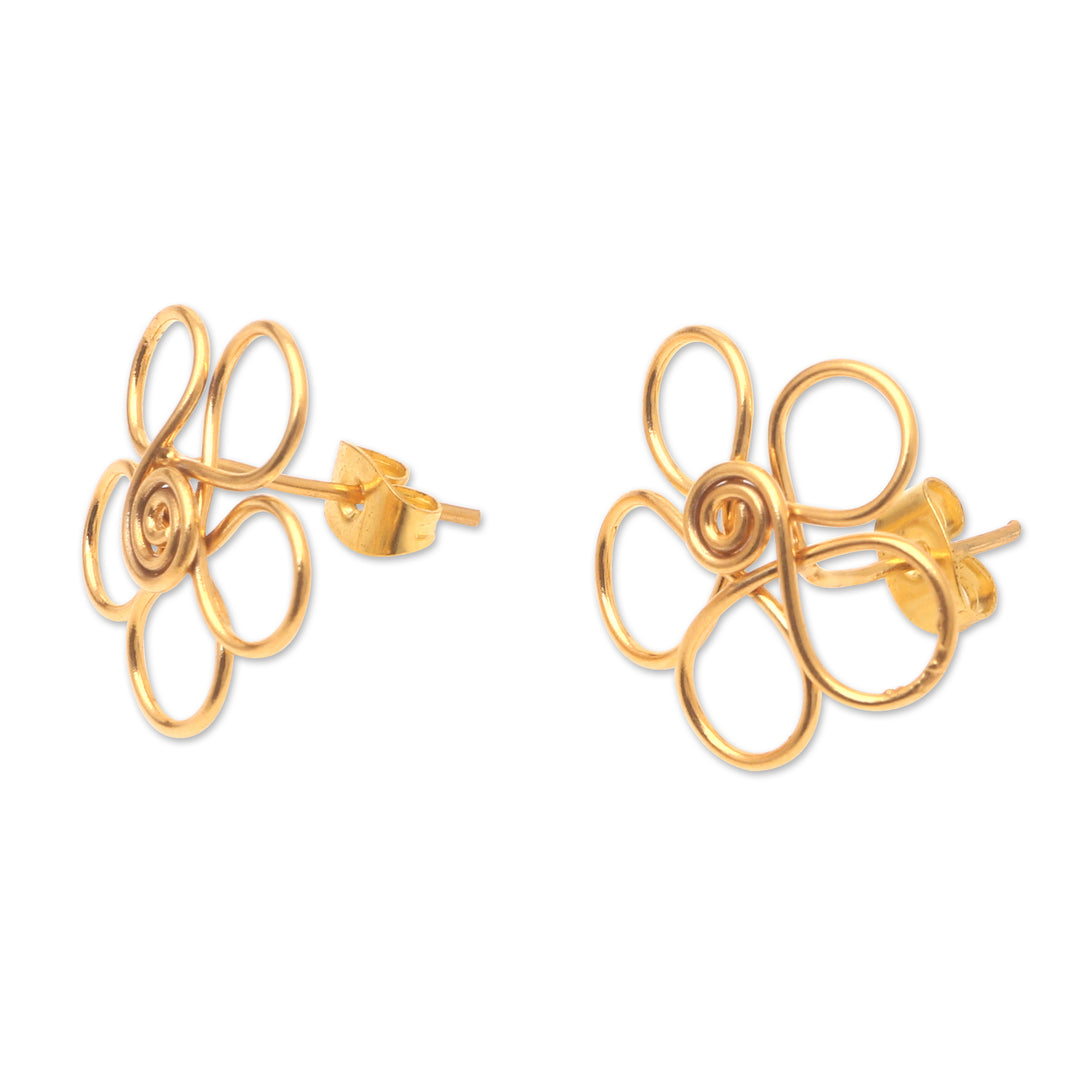 Gold-Plated Button Earrings with Floral Motif - Cheerful Flower