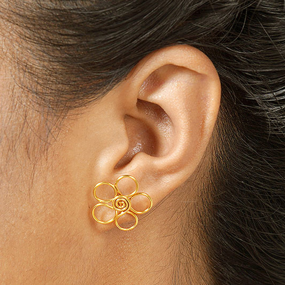 Gold-Plated Button Earrings with Floral Motif - Cheerful Flower