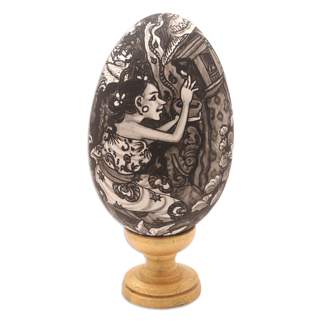 Hand-Painted Wood Egg Sculpture with Hindu Theme - Praying Ladies