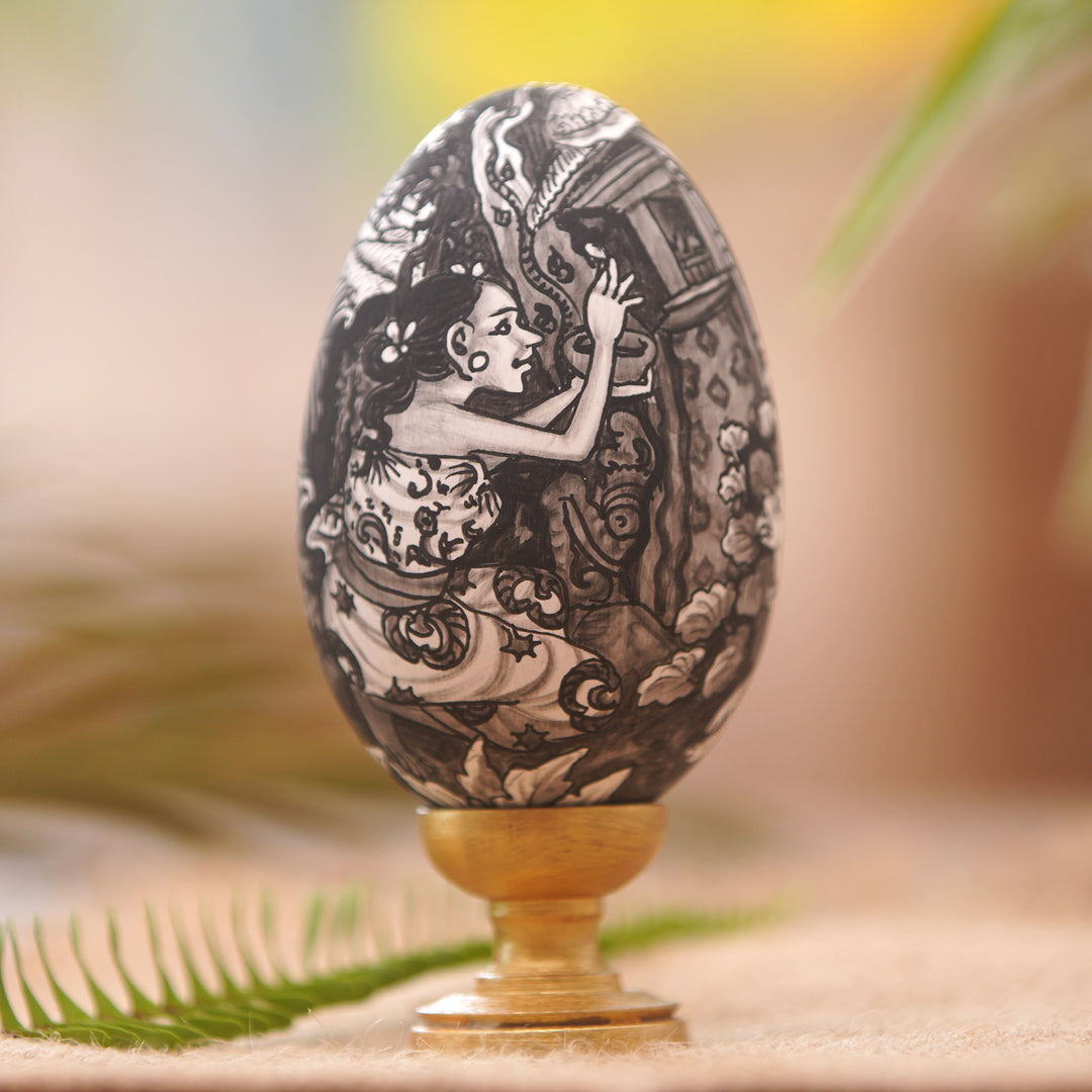Hand-Painted Wood Egg Sculpture with Hindu Theme - Praying Ladies