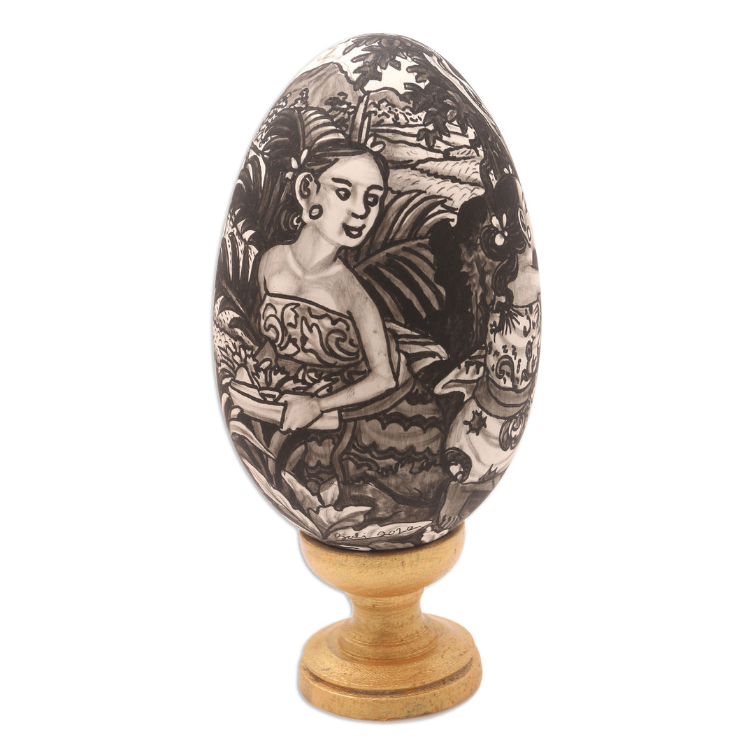 Hand-Painted Wood Egg Sculpture with Hindu Theme - Praying Ladies