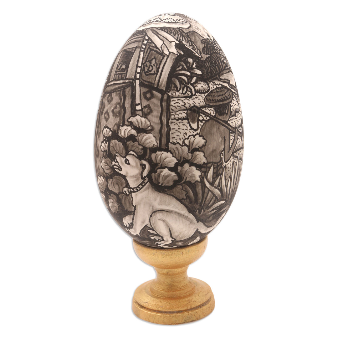 Hand-Painted Wood Egg Sculpture with Hindu Theme - Praying Ladies